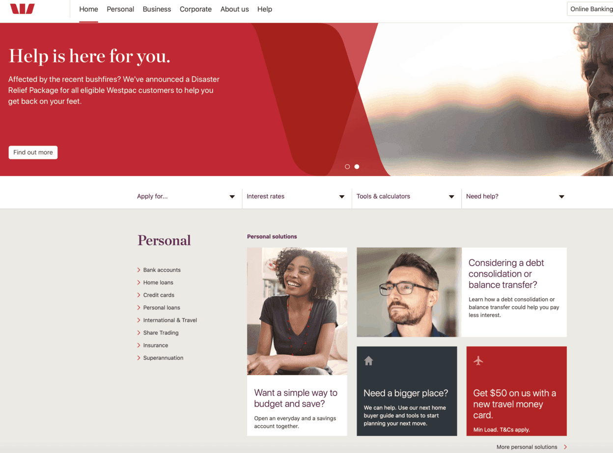 Westpac homepage design with segment and filter