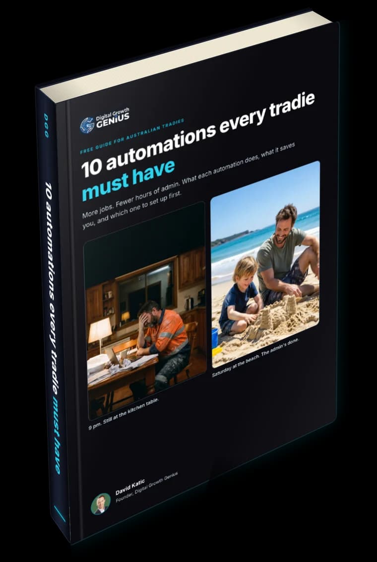 The free guide, 10 automations every tradie must have, as a printed book: a tradie doing paperwork at night and a tradie at the beach with his son