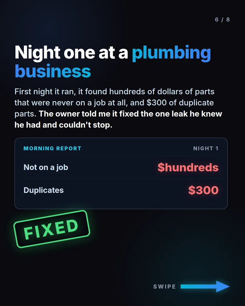 Slide 6 of 8: Night one at a plumbing business. Hundreds of dollars not on a job and $300 of duplicates, fixed.