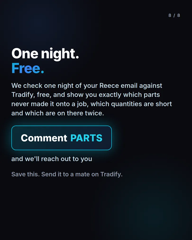 Slide 8 of 8: One night, free. We check one night of your Reece email against Tradify and show you what never made it onto a job.