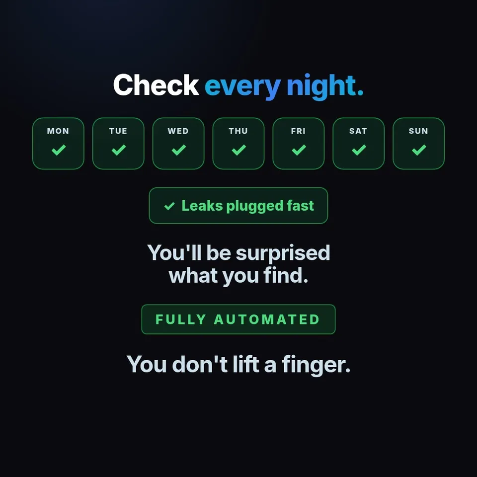 Seven nights ticked green, leaks plugged fast, fully automated, you don't lift a finger