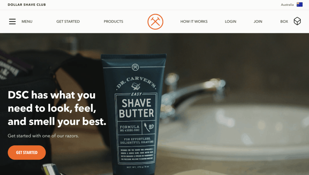 Dollar Shave club good homepage design with a brand benefit statement DSC has what you need to look, feel and smell your best.